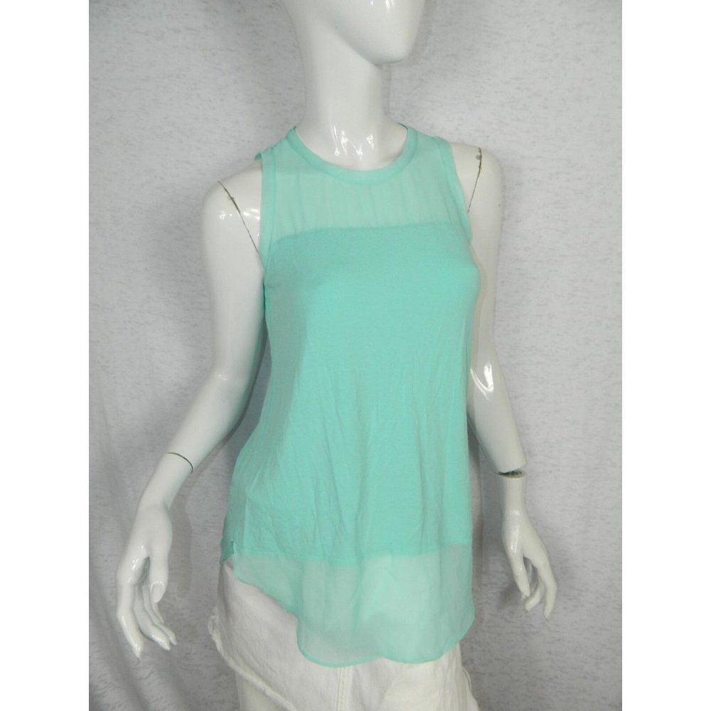 Vince Camuto Shirt Green Sheer Mixed Media Casual Sleeveless Top Size X-Small
